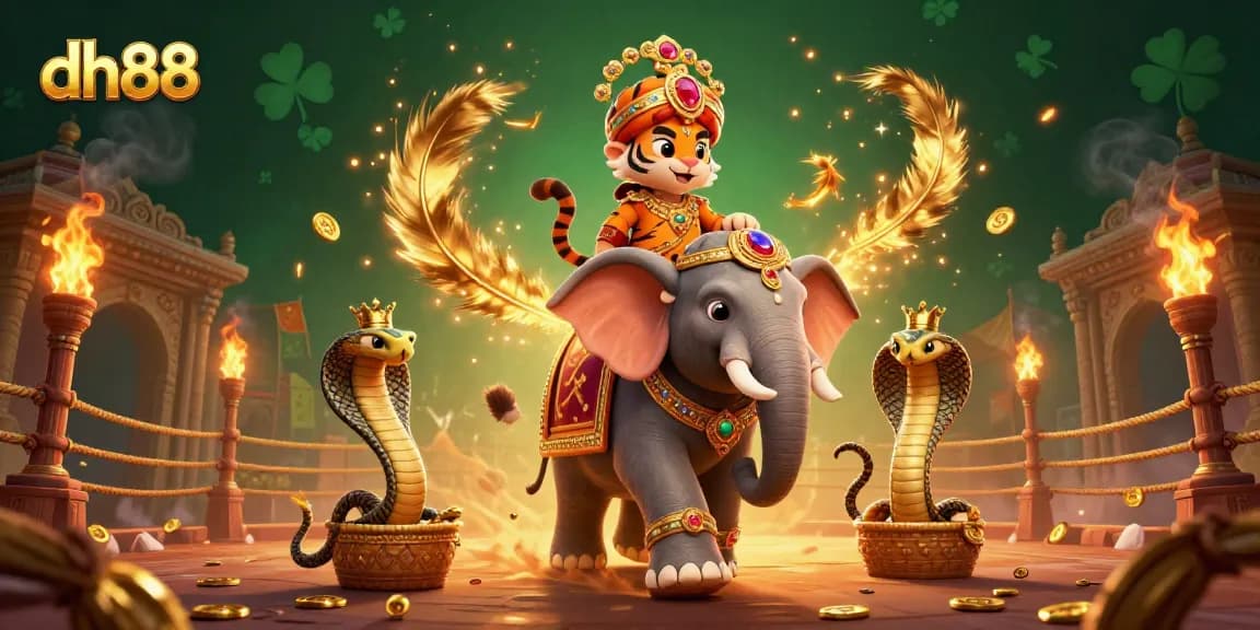 Engage with dh88's vibrant 3D casino adventure featuring a maharaja tiger, elephant, and cobra amidst fiery spectacle.