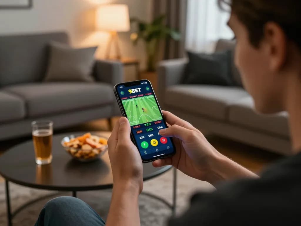 Engaging in dynamic gameplay on the 9BET app in a cozy home setting.