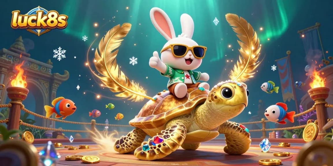 Winning big at luck8s with a lucky rabbit and golden turtle in an exciting casino scene.