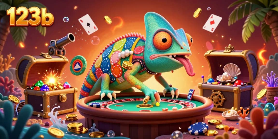Engage with 123b by exploring dynamic game elements alongside an animated chameleon casino owner in a colorful underwater scene.