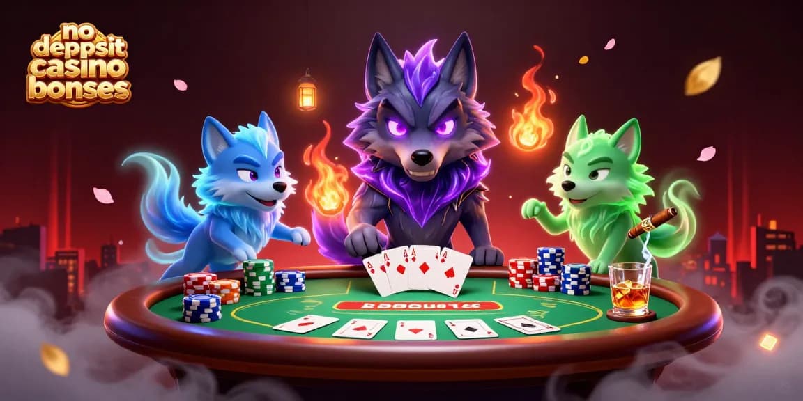 No deposit casino bonuses illustrated with a ghostly wolf pack leader, poker elements, and vibrant spirits.