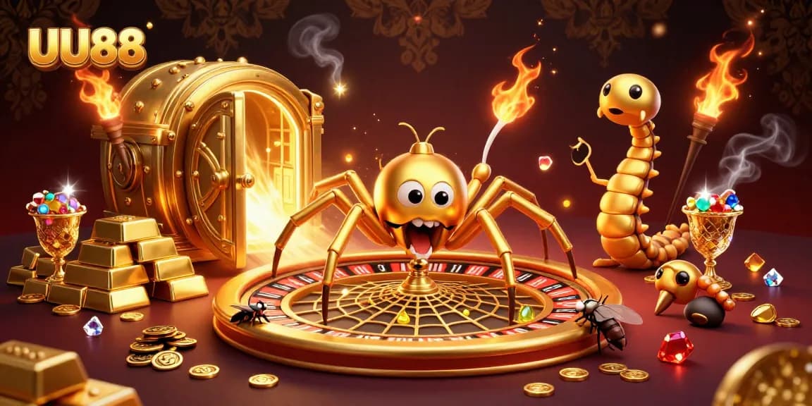 Spinning the roulette of chance, UU88 showcases a dynamic casino scene with a golden spider and treasures.