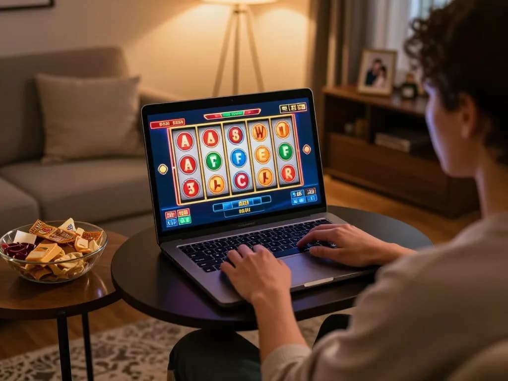 Enjoy online gaming with JUN88 as a player spins the reels on a laptop in a cozy setting.