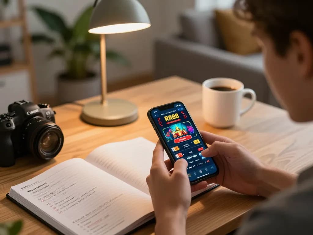 Engaging atmosphere of online gaming from RR88 on a smartphone with strategic notes.