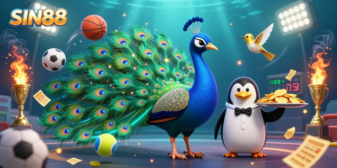SIN88 showcases an exciting 3D casino illustration with charismatic characters and dynamic sports betting elements.