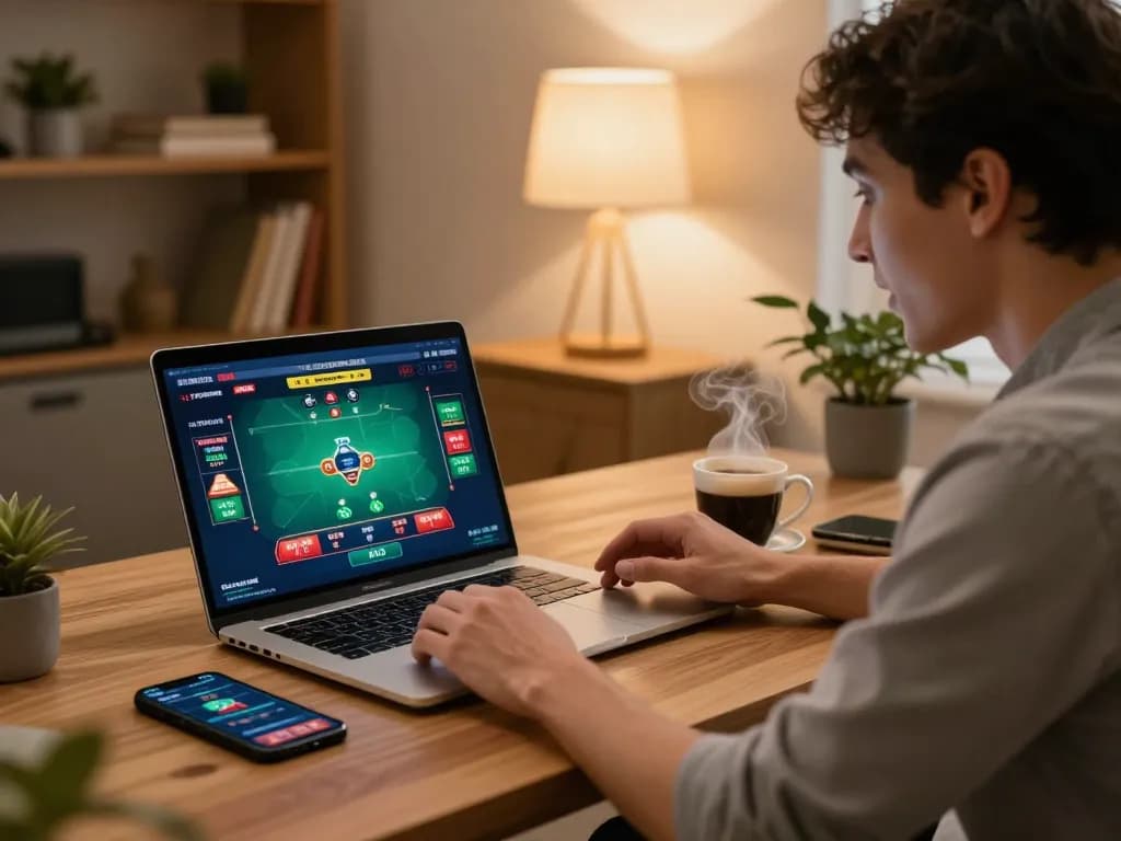 Player engaged in an online poker game on tg88 while sipping coffee in a cozy home office environment.