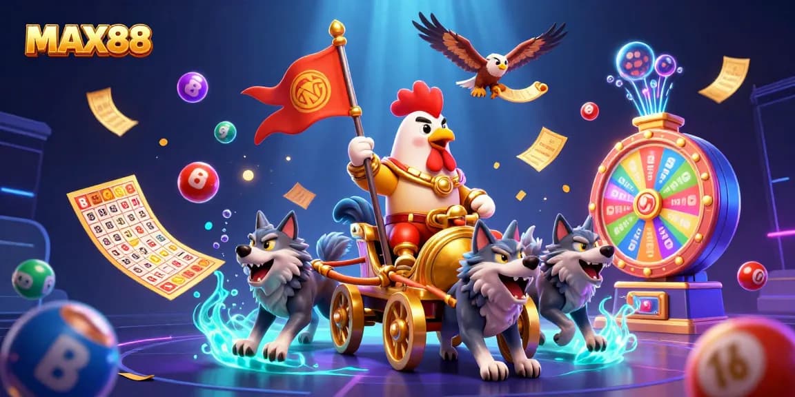 MAX88 showcases exciting lottery fun with vibrant elements in a dynamic casino scene.