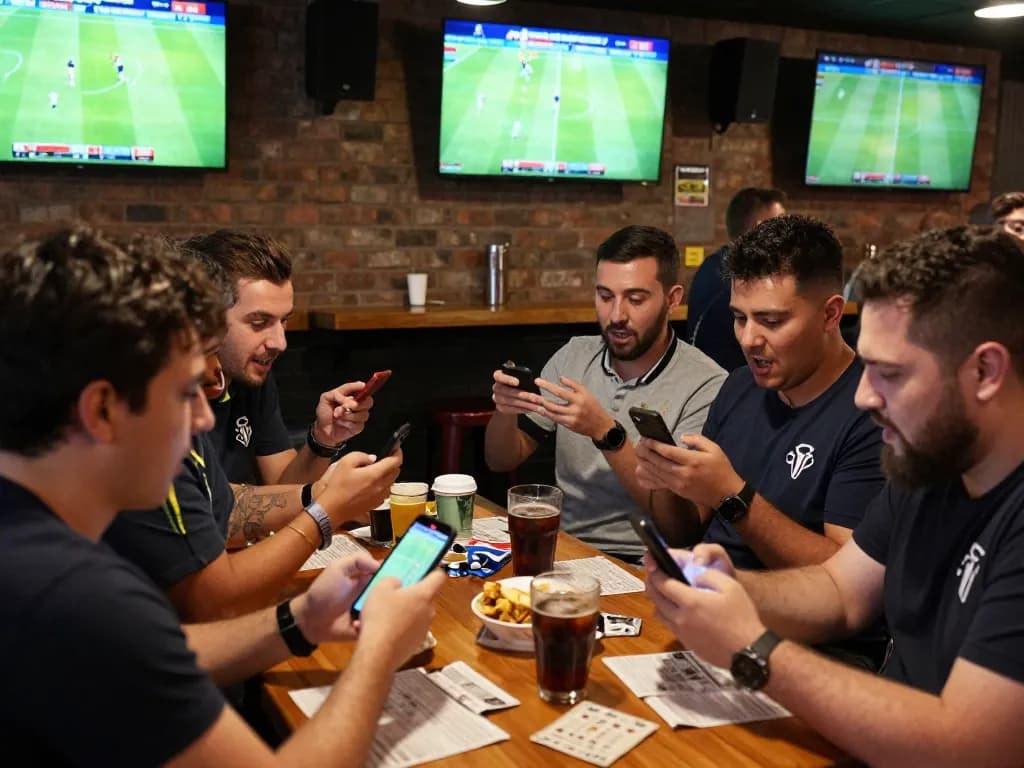 Engaged fans discussing football predictions while betting on live matches at a sports bar, capturing the excitement of sports betting.