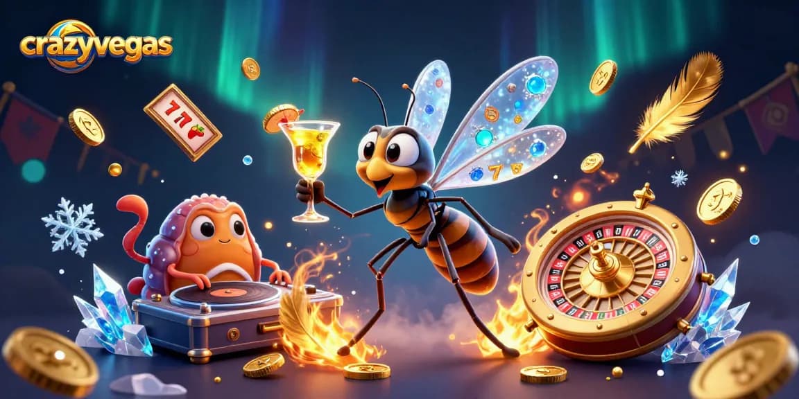 Engaging scene of casino characters with crazyvegas theme, featuring slots and roulette elements.