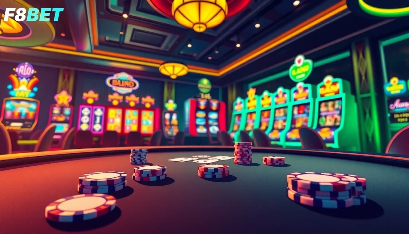 An immersive gaming scene showcasing F8BET's exciting casino experience with vibrant poker tables and bright slot machines.
