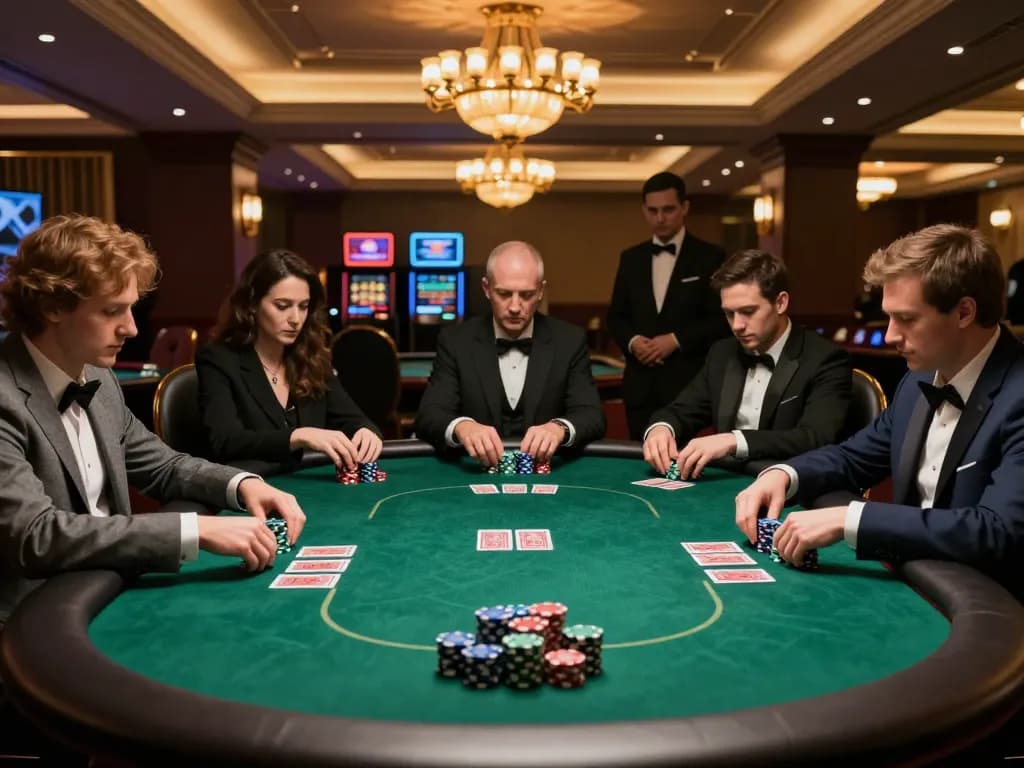 The intense atmosphere of strategic gameplay at a high-stakes poker table, showcasing https://hitclub.sarl/ with professional players and dramatic lighting.