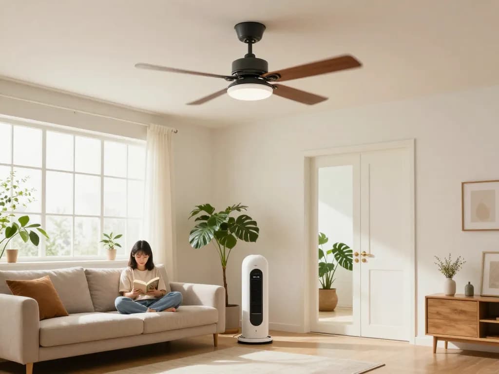 Stylish woonkamer met moderne zomerstand ventilator in zomerstand die een koele sfeer creëert.