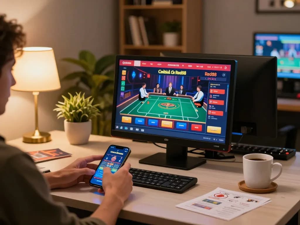 Engaging with Link nhà cái Red88 on smartphone, featuring online casino gaming setup.