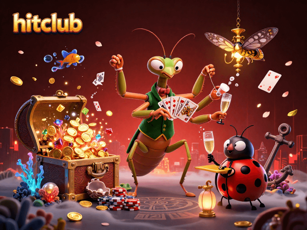 Hitclub showcases a vibrant gaming scene with a giant praying mantis card sharp for thrilling gameplay.