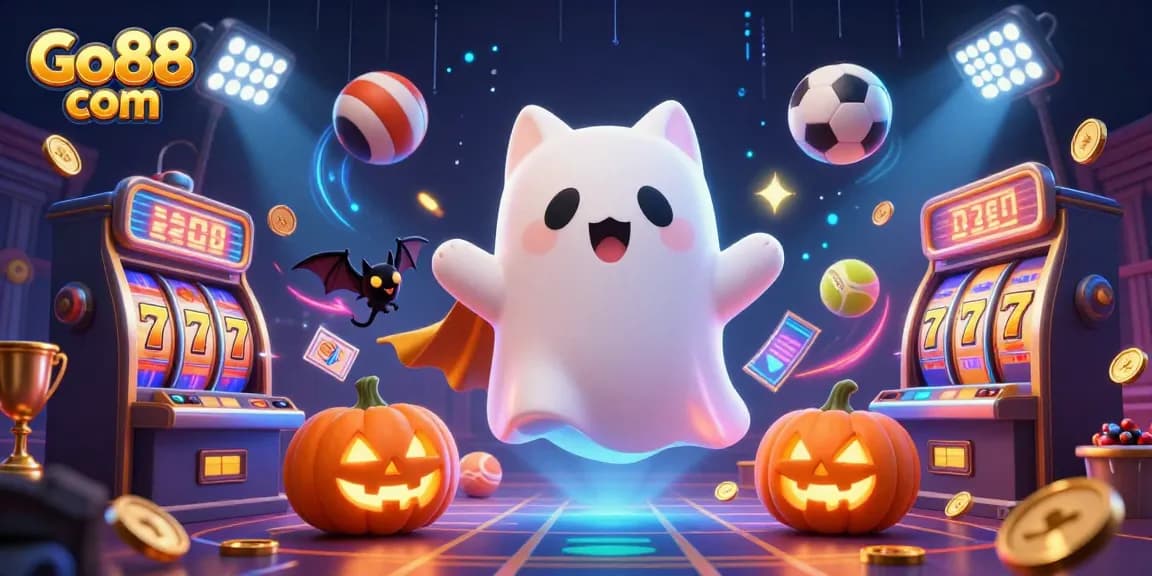 Engage with exciting gaming at Go88 com featuring a friendly ghost cat and vampire bat in a haunted casino.