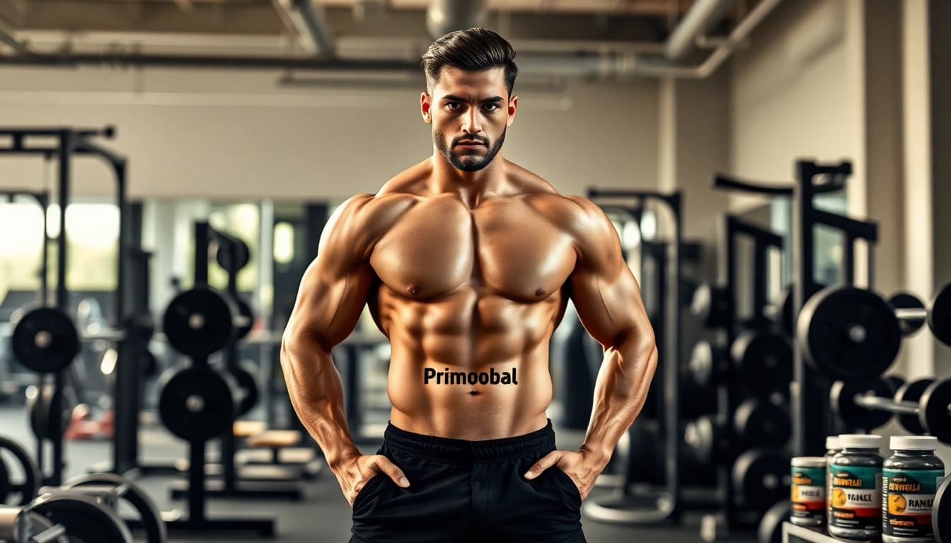 Primobal Primobolan fitness model demonstrating strength in a modern gym.