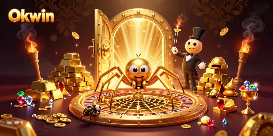 Place bets confidently with Okwin's thrilling roulette-inspired scene illustrating luck and excitement.