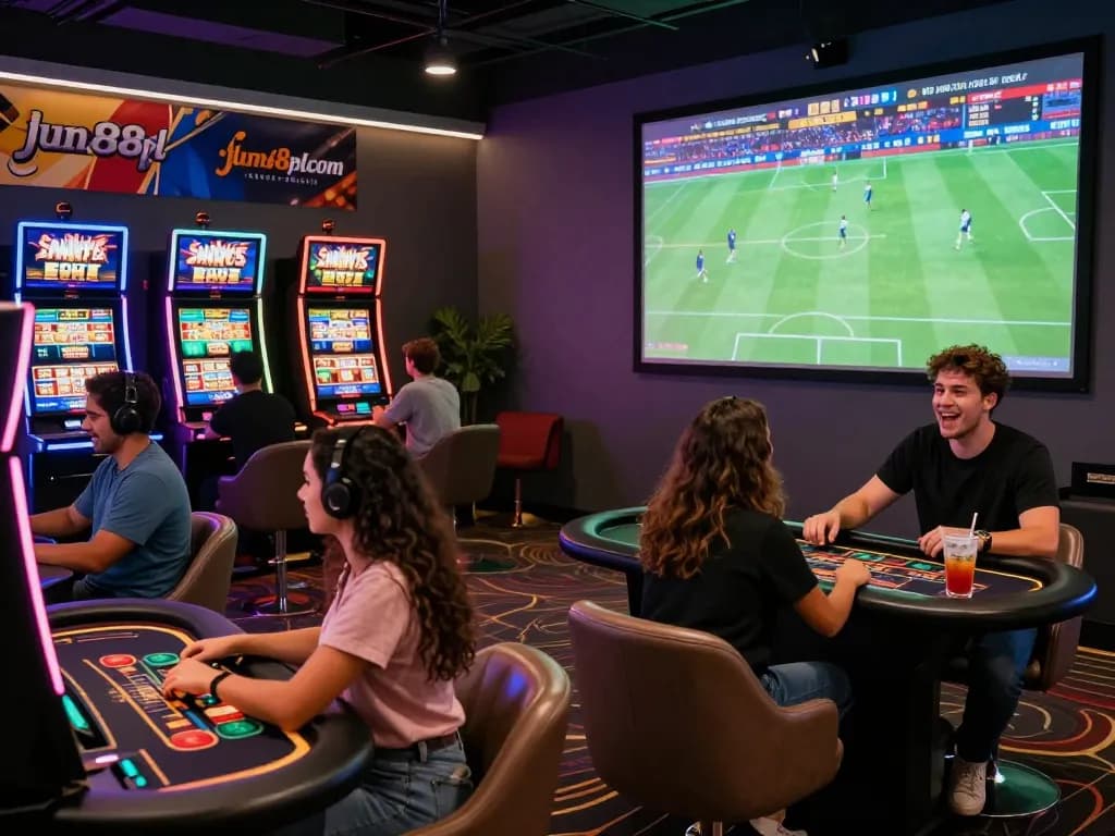 Diverse group playing casino games at jun88plcom in a vibrant gaming environment