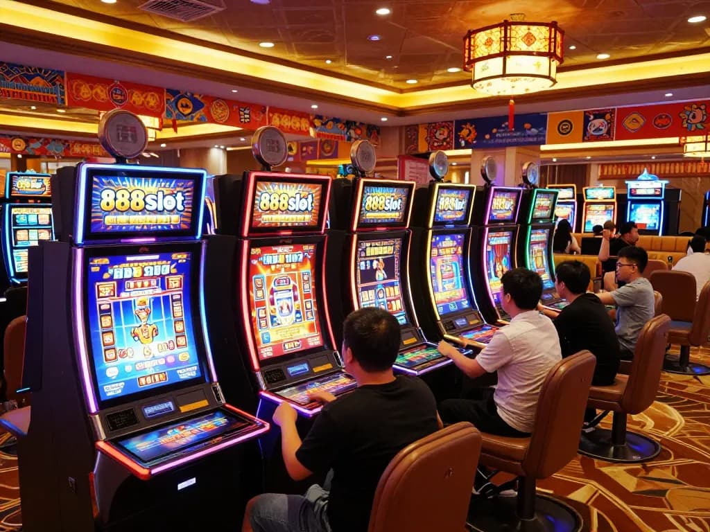 Players celebrating wins on slot machines at 888slot casino, vibrant atmosphere and gaming excitement