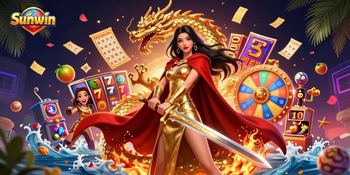 Win big at Sunwin with vibrant slot reels and a dynamic gaming atmosphere in this engaging illustration.