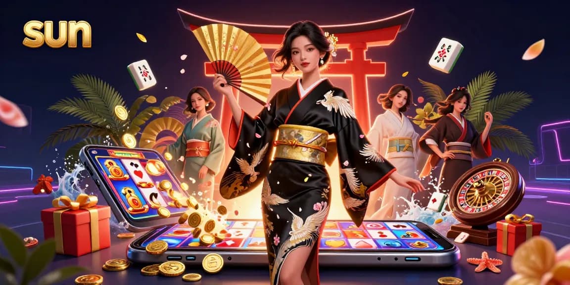 Spin and win at Sun with vibrant casino elements featuring an elegant woman and dynamic game visuals.