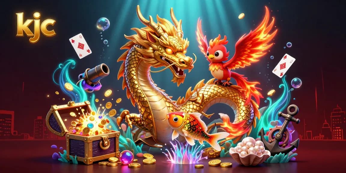KJC's fierce dragon, phoenix, and koi fish celebrate winning in a vibrant online casino scene.