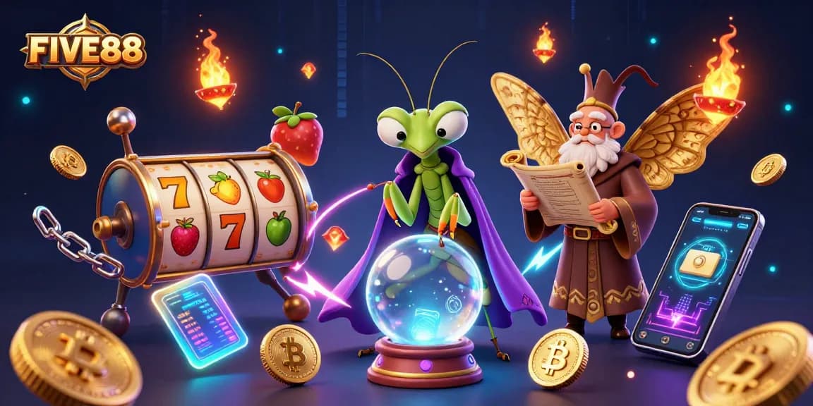 Spin the reels at FIVE88 with a mystical fortune teller and rich slot game visuals.