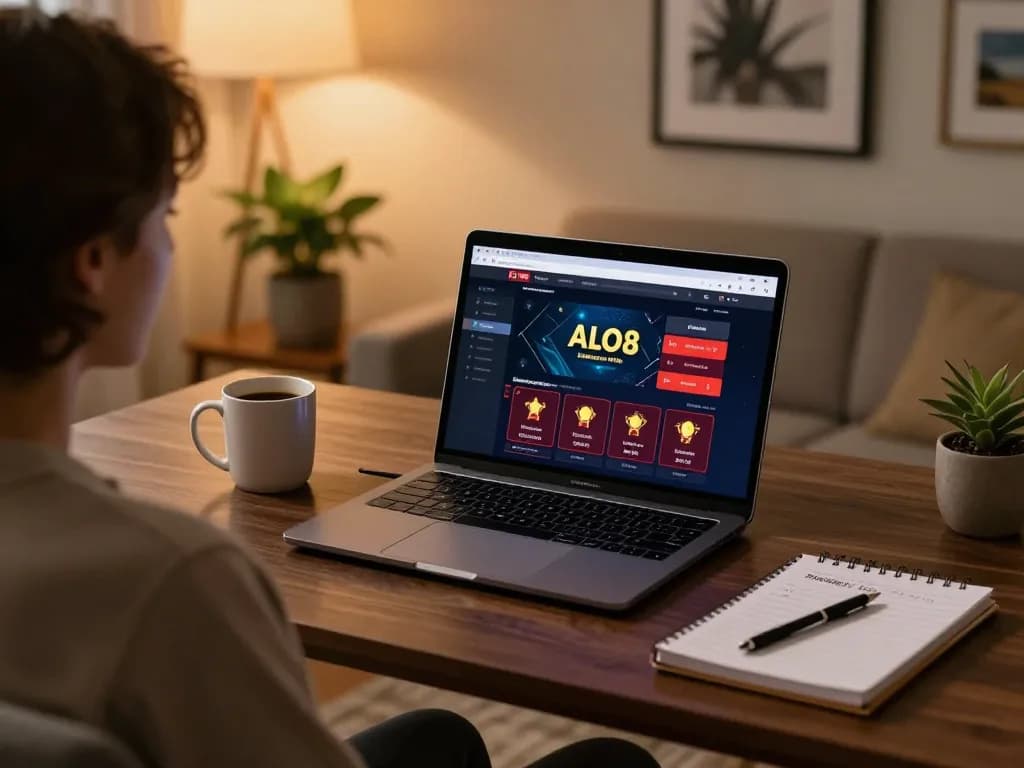 Engaged player strategizing on ALO8 online casino platform from a stylish home office setup.