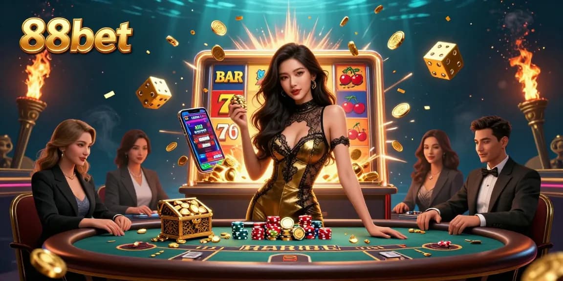 Experience high-stakes gaming at 88bet with a glamorous Asian woman winning at a baccarat table.