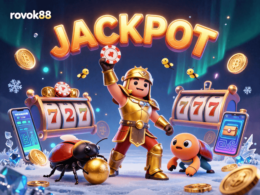 Engage in exciting gameplay at ROKOK88's dynamic casino, showcasing vibrant characters and glowing slot elements.
