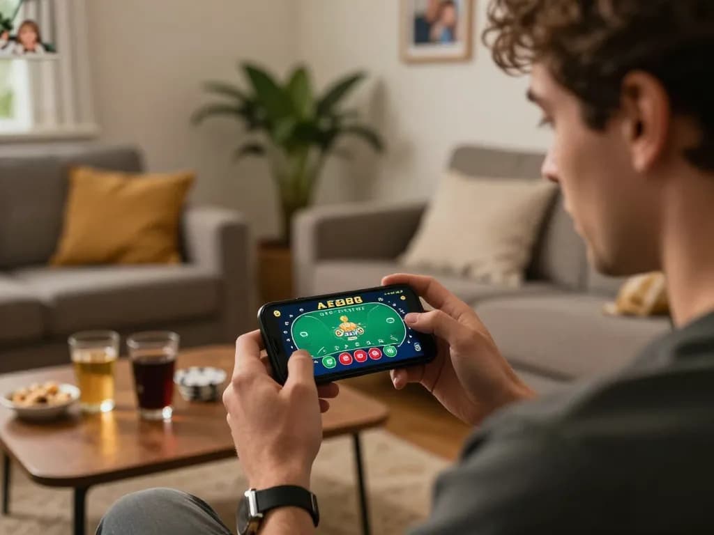 Player engaging with AE888 casino app on smartphone in warm home setting.