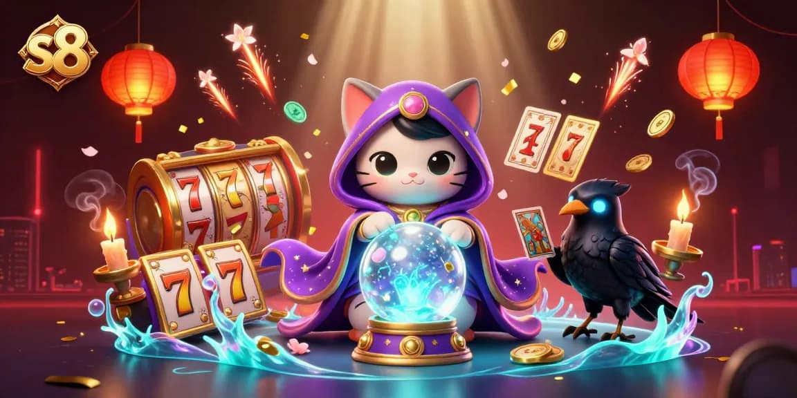 s8 players spinning the slot reels in vibrant online casino illustration