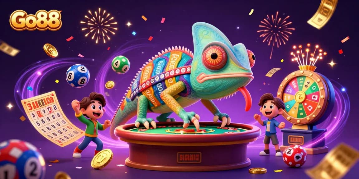 Go88 cartoon chameleon casino owner surrounded by vibrant lottery balls and prizes, creating excitement.