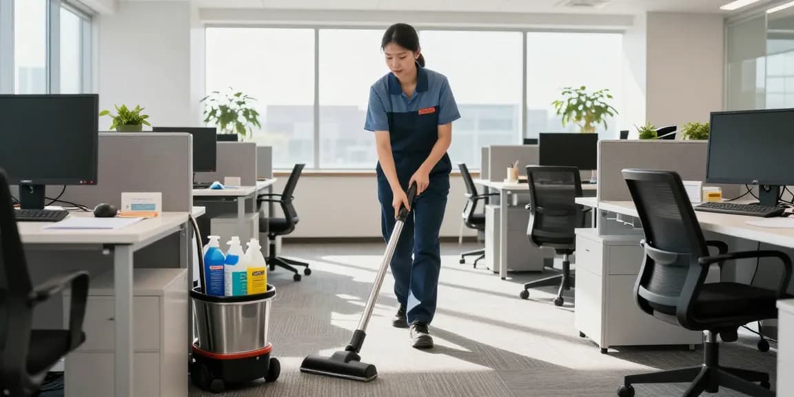 Schoonmaakbedrijf Den Haag professional cleaning a corporate office with sunlight streaming in.