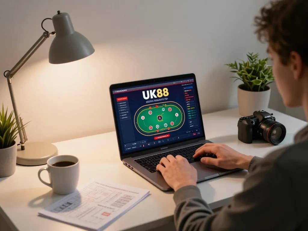 Player engaging in poker on UK88 online casino while studying strategy notes at home