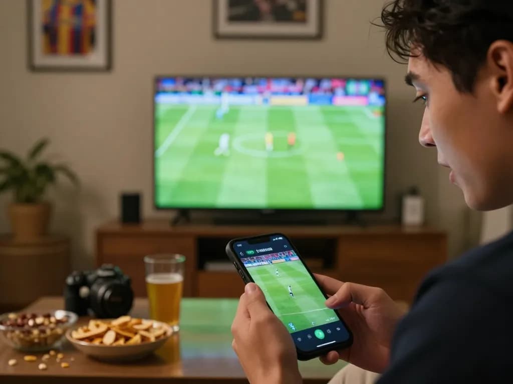 Engaging in sports betting while reviewing kèo nhà cái on smartphone during live soccer game.