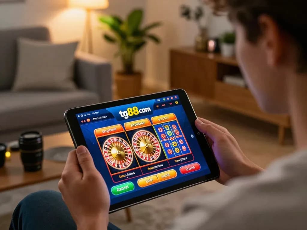 Engage with tg88 com online casino gaming on a tablet in a cozy living room.