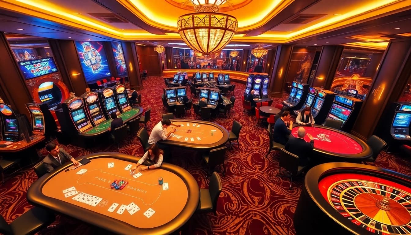 Engaging casino scene showcasing SKY88 where players bet at poker tables and slot machines.