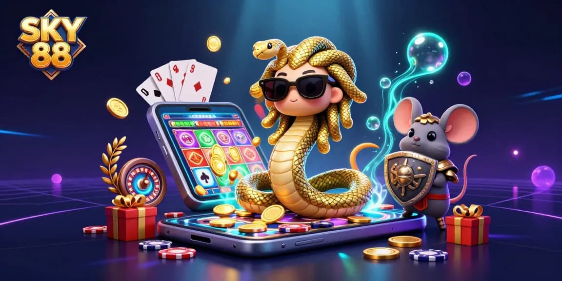 SKY 88 showcases a vibrant 3D scene with friendly characters engaging in an exciting casino experience.