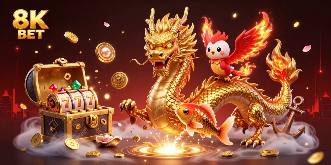 Experience thrilling gameplay with 8K BET featuring a golden dragon amid coins and lucky symbols.