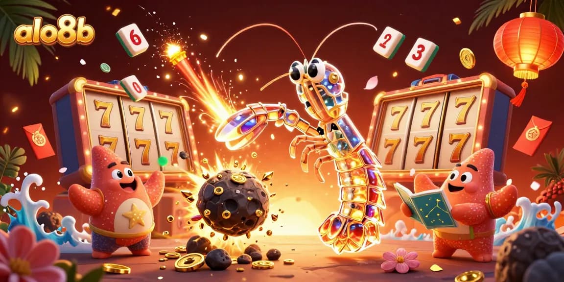 Win big at alo8b with vibrant slot games and captivating 3D characters in this colorful illustration.