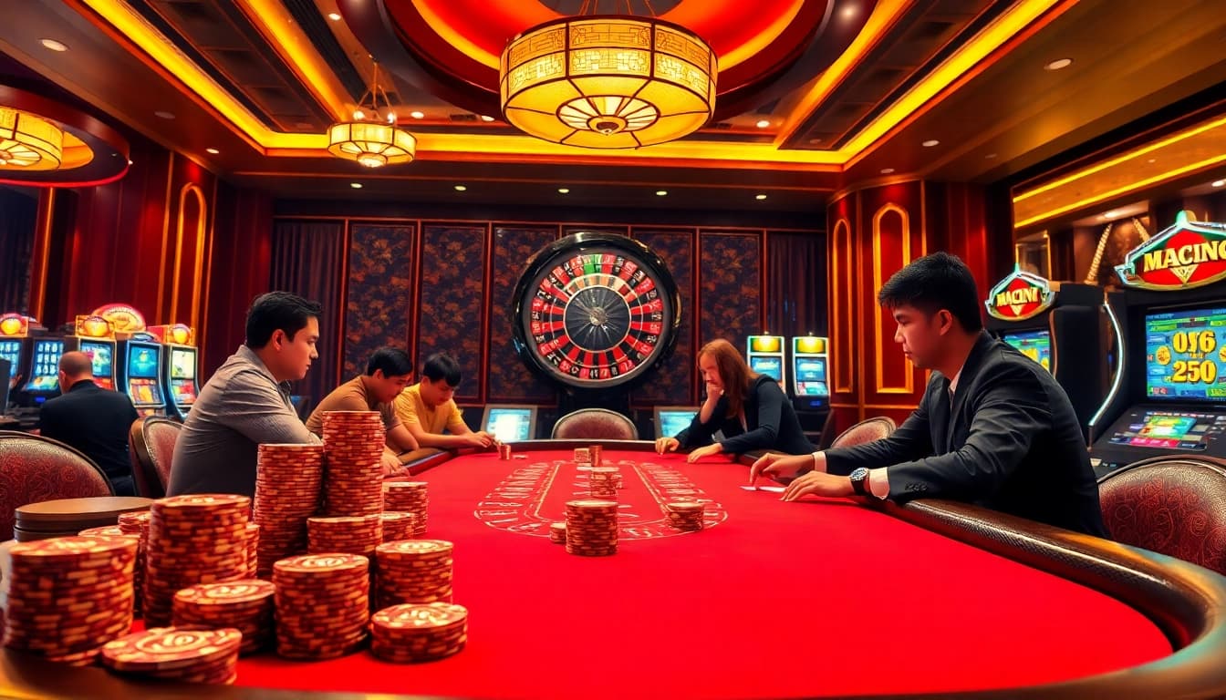 Engage in professional poker at rr88 linh, surrounded by vibrant slots and luxurious casino decor.