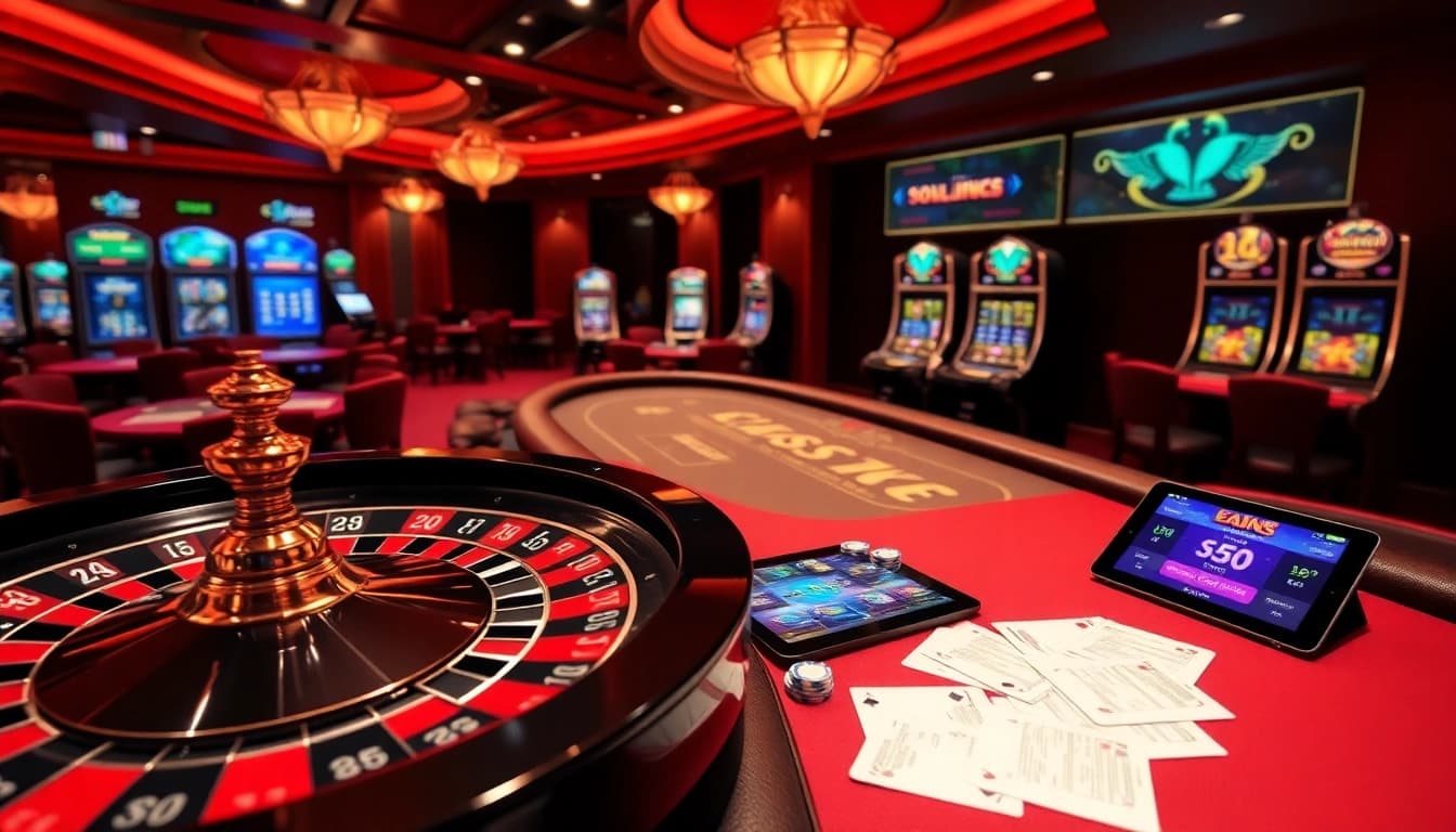 Engaging casino scene depicting 包网 solutions with roulette wheel, poker tables, and vibrant gaming interfaces.