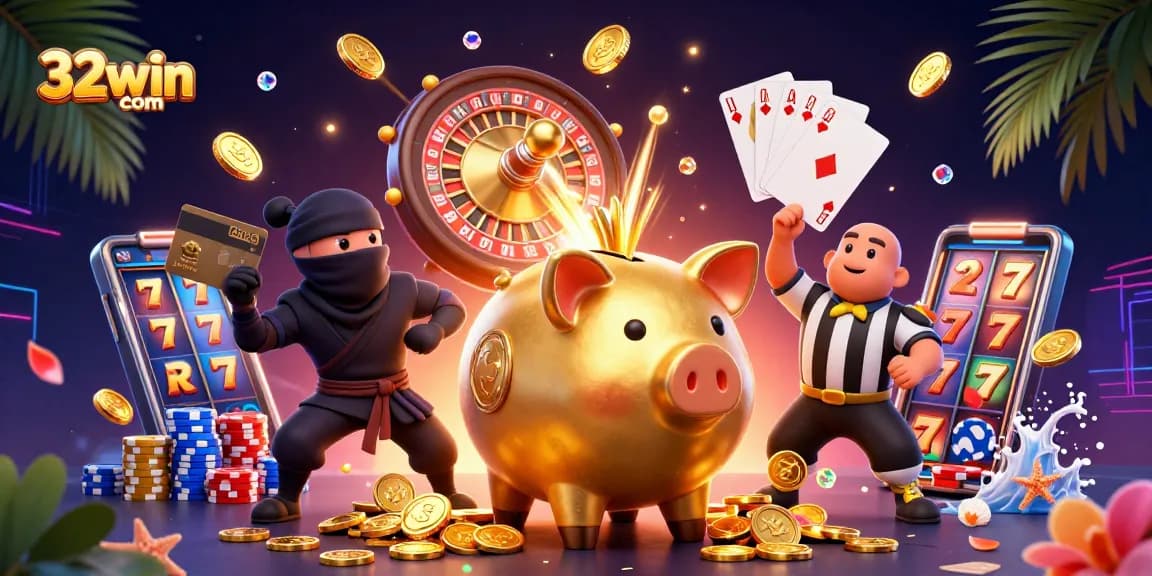 Engage with the thrilling world of 32win com as characters show dynamic casino excitement, featuring golden coins and vibrant elements.