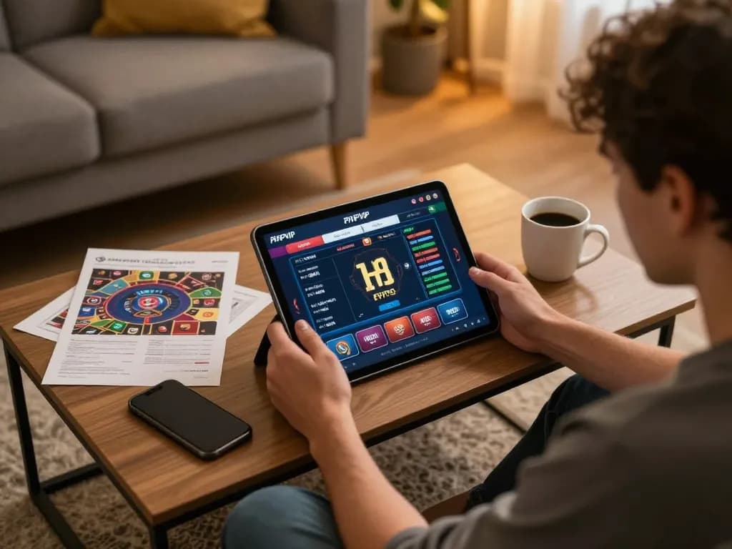 Player engaging in online betting with PHPVIP interface on tablet in cozy living room.