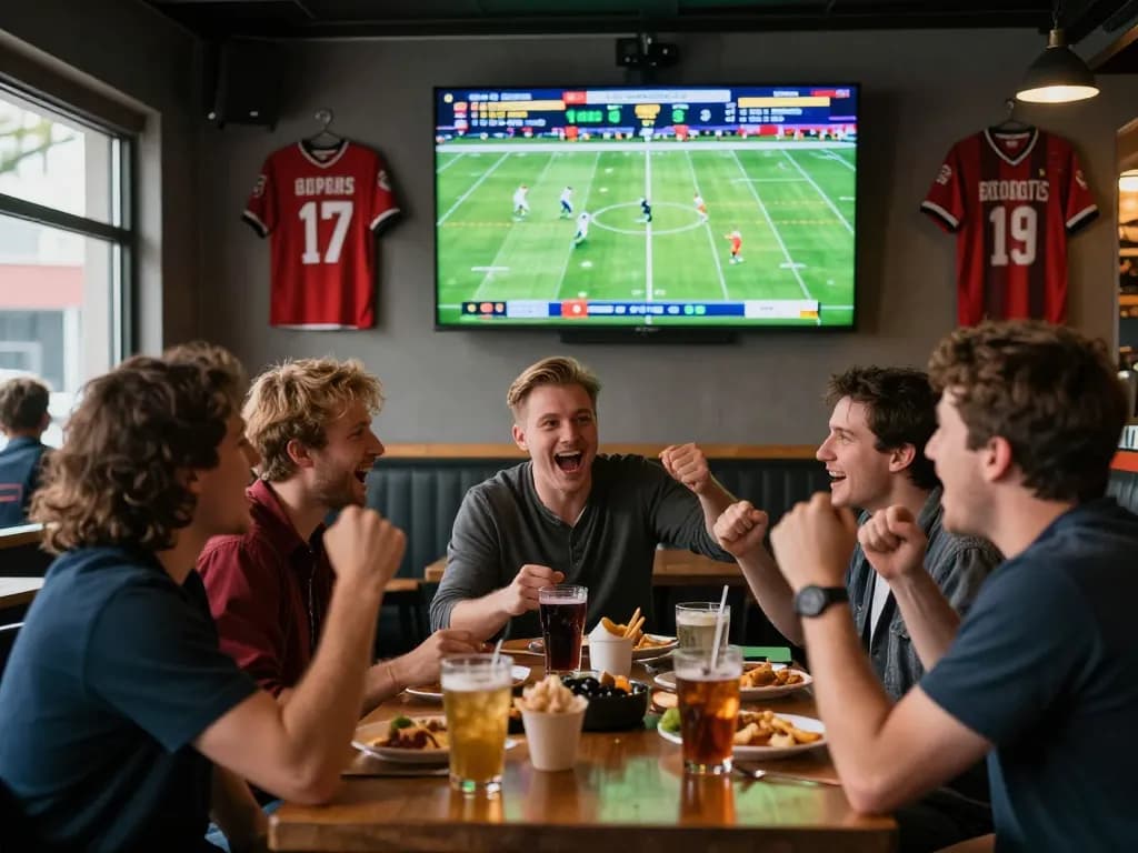 Dynamic sports betting scene with friends analyzing tỷ lệ kèo bóng đá in a lively bar