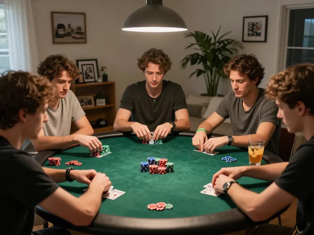 Friends enjoying an engaging poker game at home, showcasing CM88 COM's friendly gambling atmosphere.