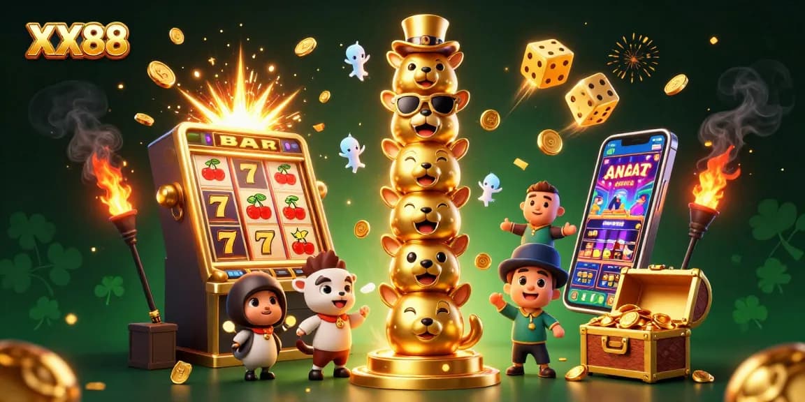 Experience thrilling wins with XX88's jackpot and dynamic casino elements in this vibrant illustration.