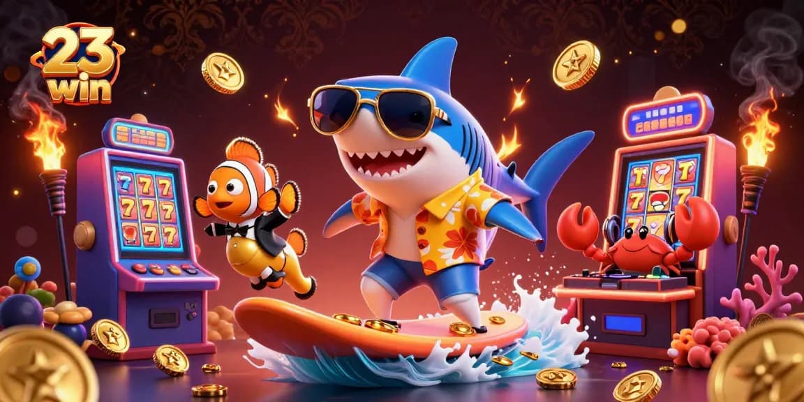 Experience the thrill and excitement of 23 win with golden coins and vibrant characters in a lively casino scene.
