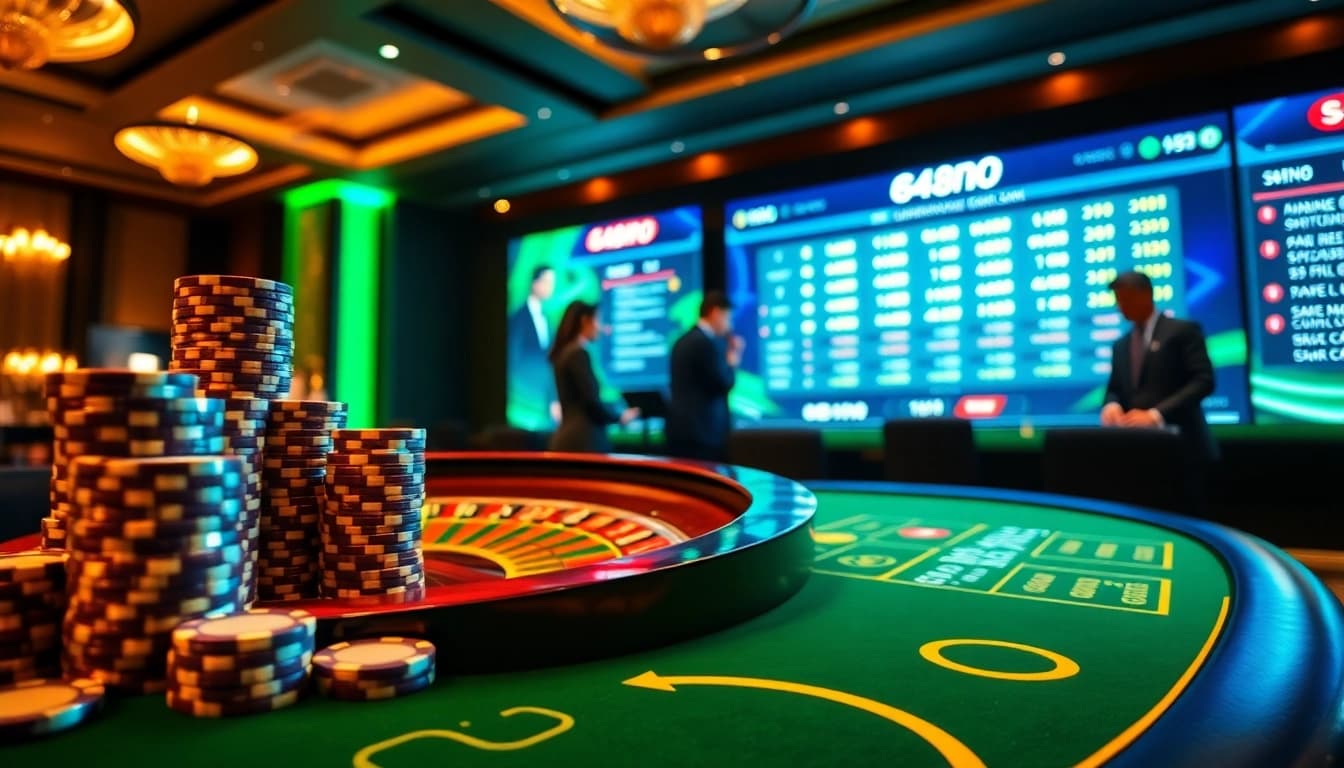 An immersive casino experience at https://888new.jpn.com/ with poker chips, roulette wheel, and dealers.